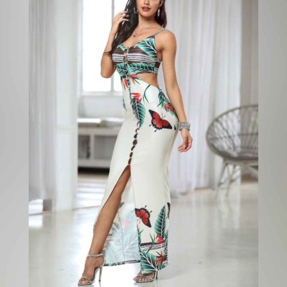 CBR Tropical Butterfly Print Cut-Out Maxi Dress Size S
